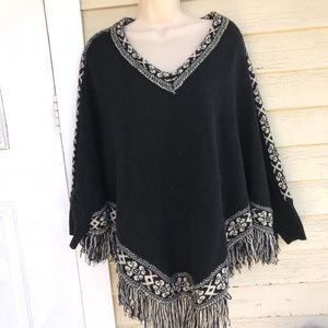 TEA & CUP black fringed knit V-neck cape